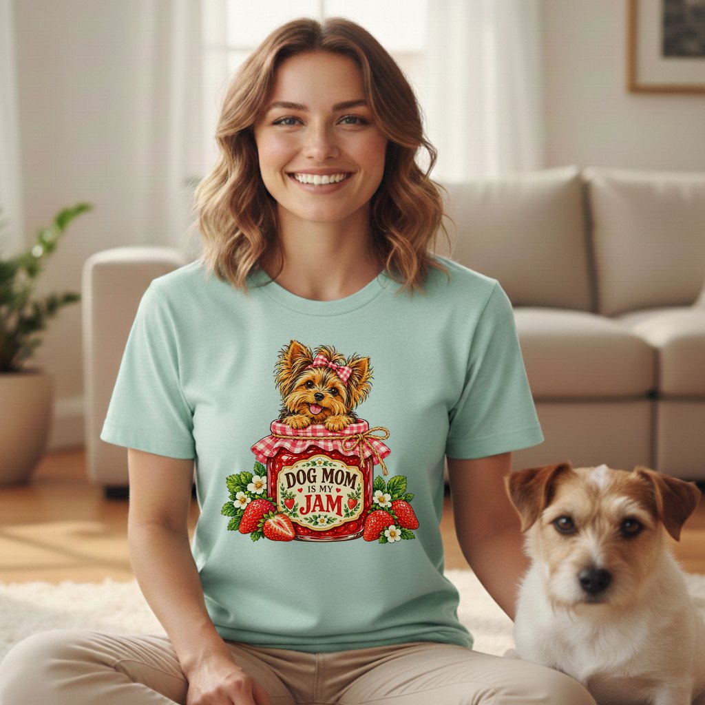 A smiling woman wears a mint green t-shirt featuring a cartoon dog in a strawberry jar graphic, sitting beside a small dog.