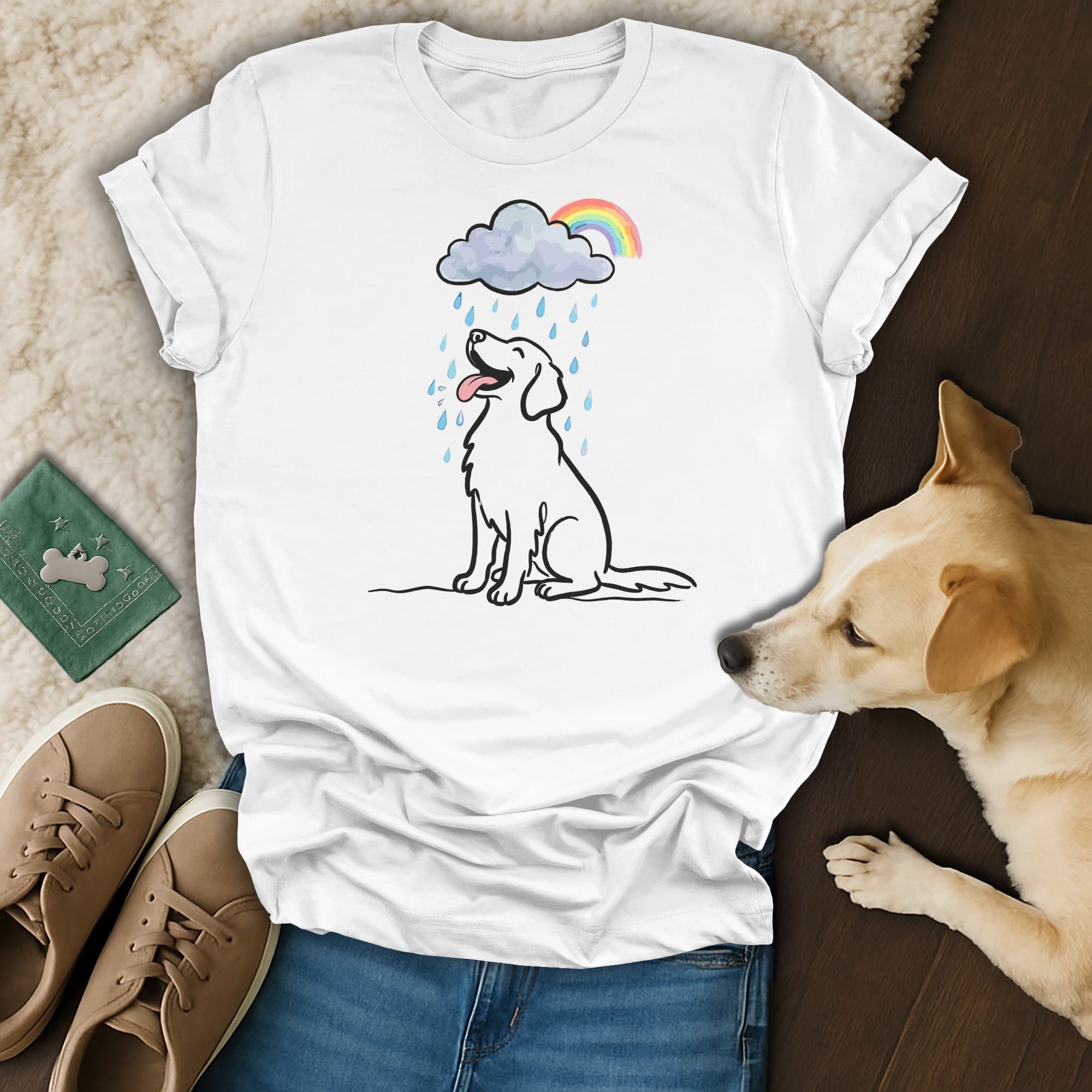 White t-shirt with a doodle of a happy dog under a rainbow and rain cloud.