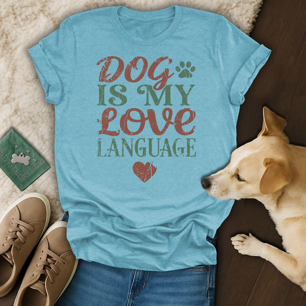 Light blue t-shirt with "Dog is my love language" text and heart graphic.