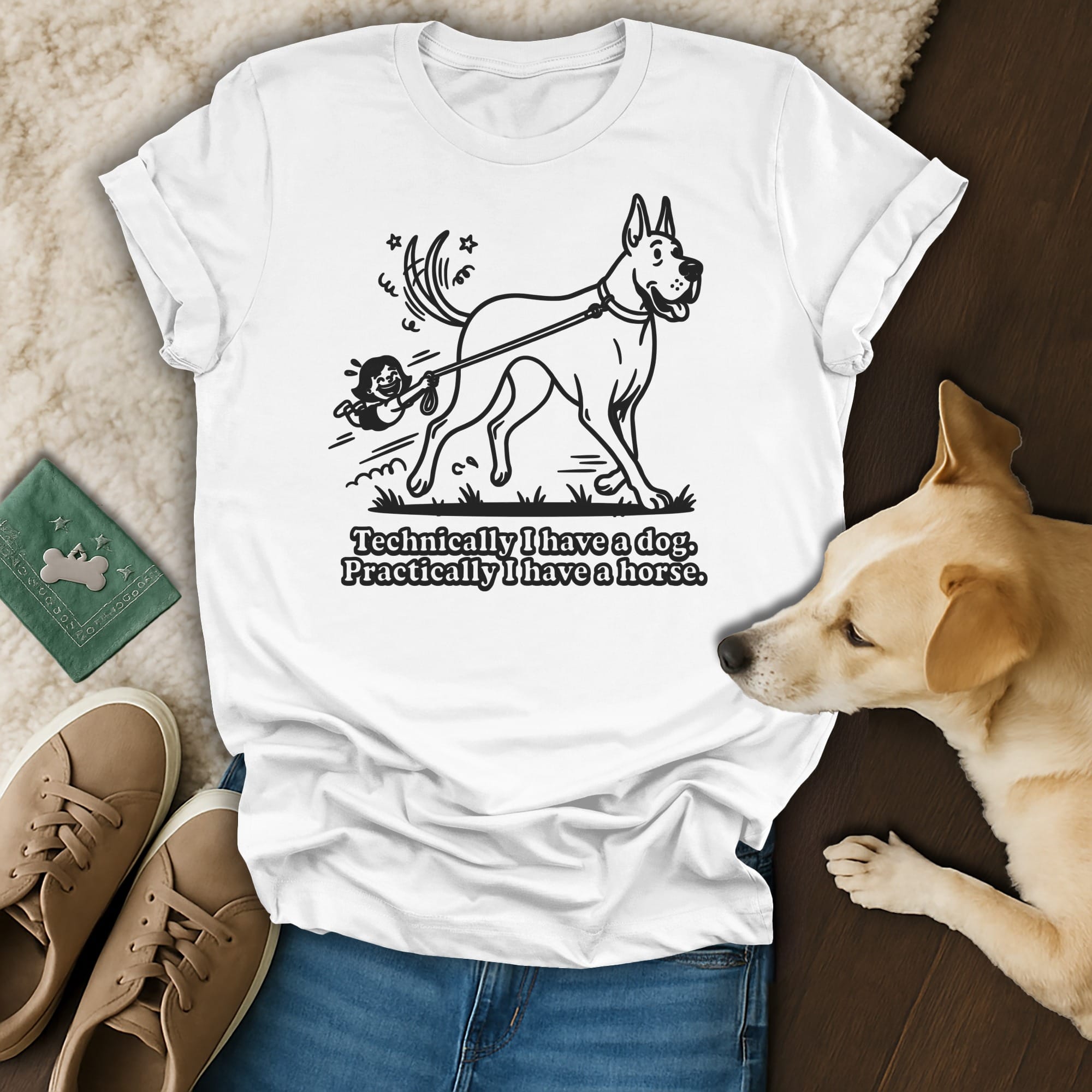 White t-shirt with a Great Dane pulling a small person on a leash.