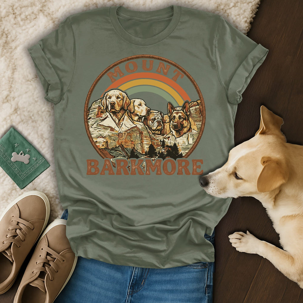Olive green t-shirt with "Mount Barkmore" and dog illustrations within a circular design.