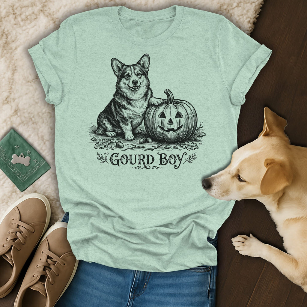 Light green t-shirt with a corgi and jack-o'-lantern graphic and "Gourd Boy" text.