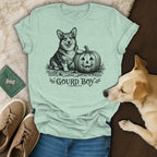 Light green t-shirt with a corgi and jack-o'-lantern graphic and "Gourd Boy" text.