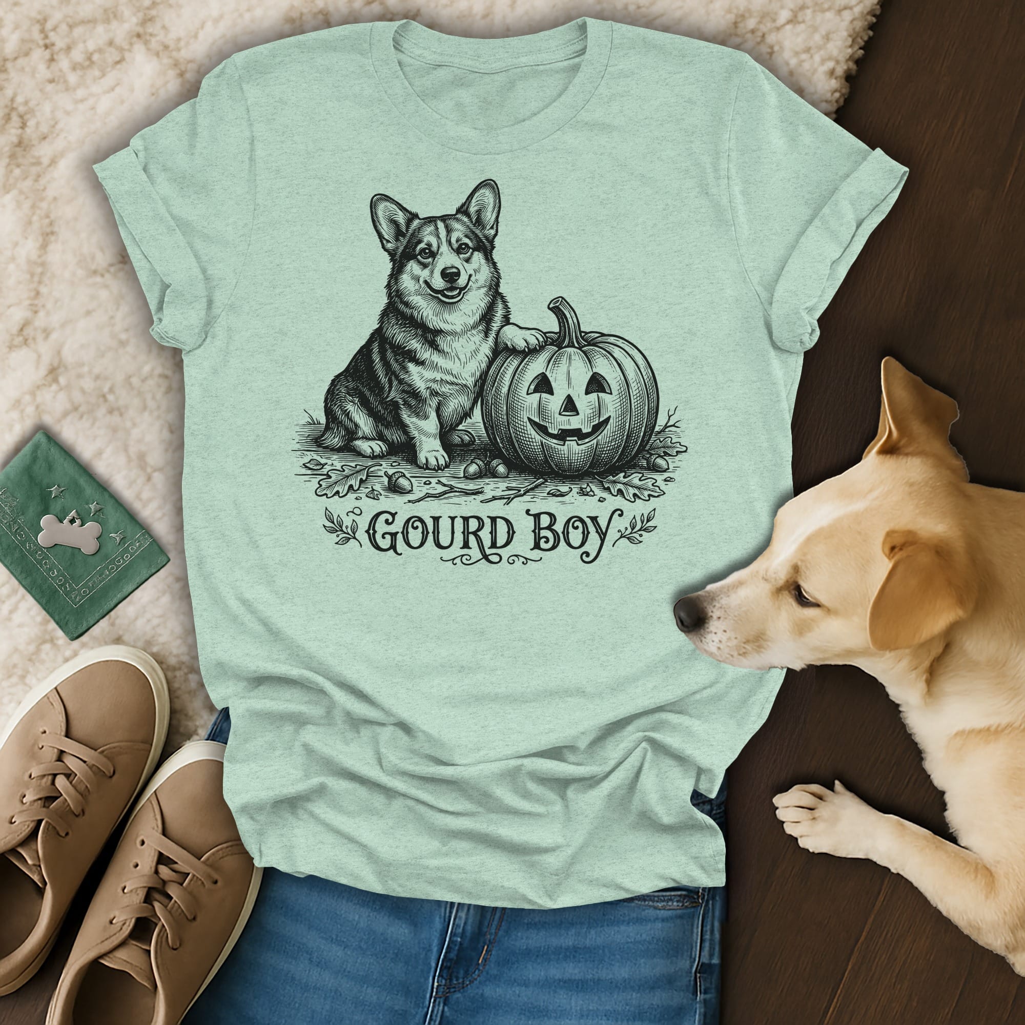 Light green t-shirt with a corgi and jack-o'-lantern graphic and "Gourd Boy" text.