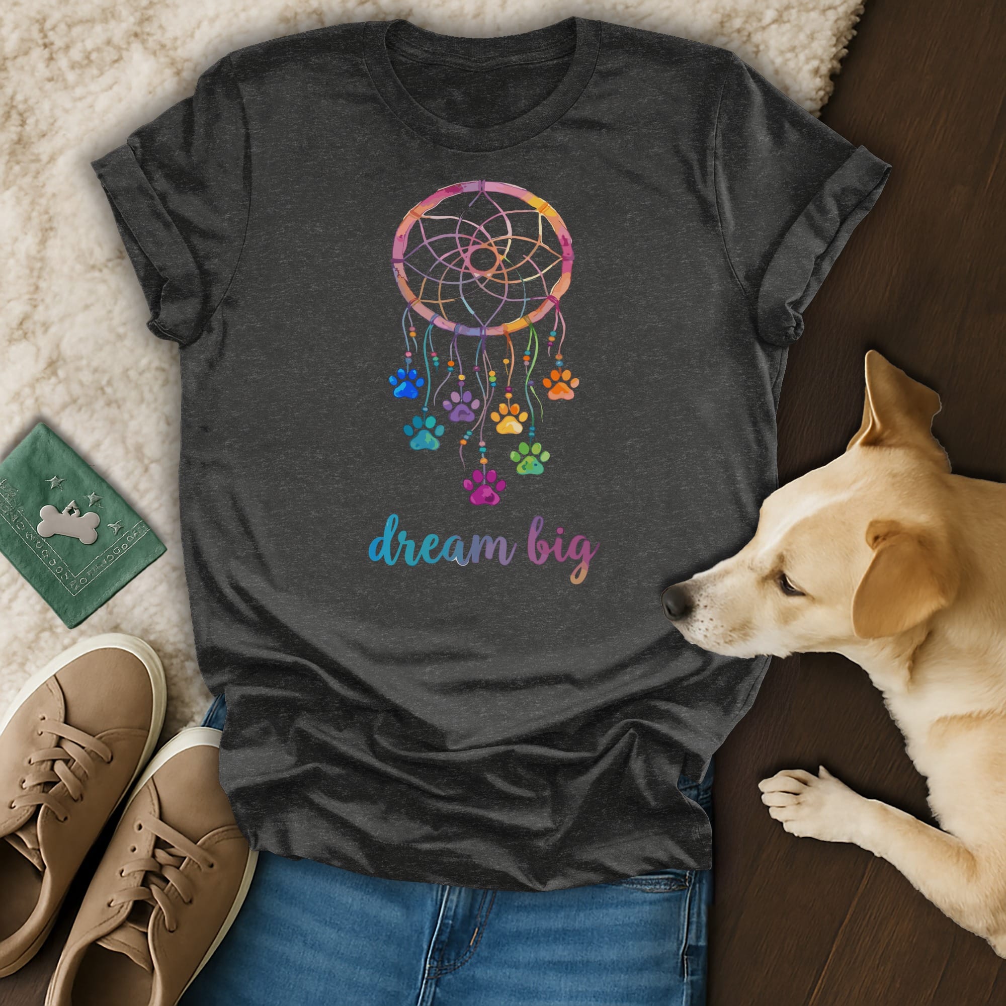 Dark t-shirt with rainbow dreamcatcher and paw prints, "dream big" text.