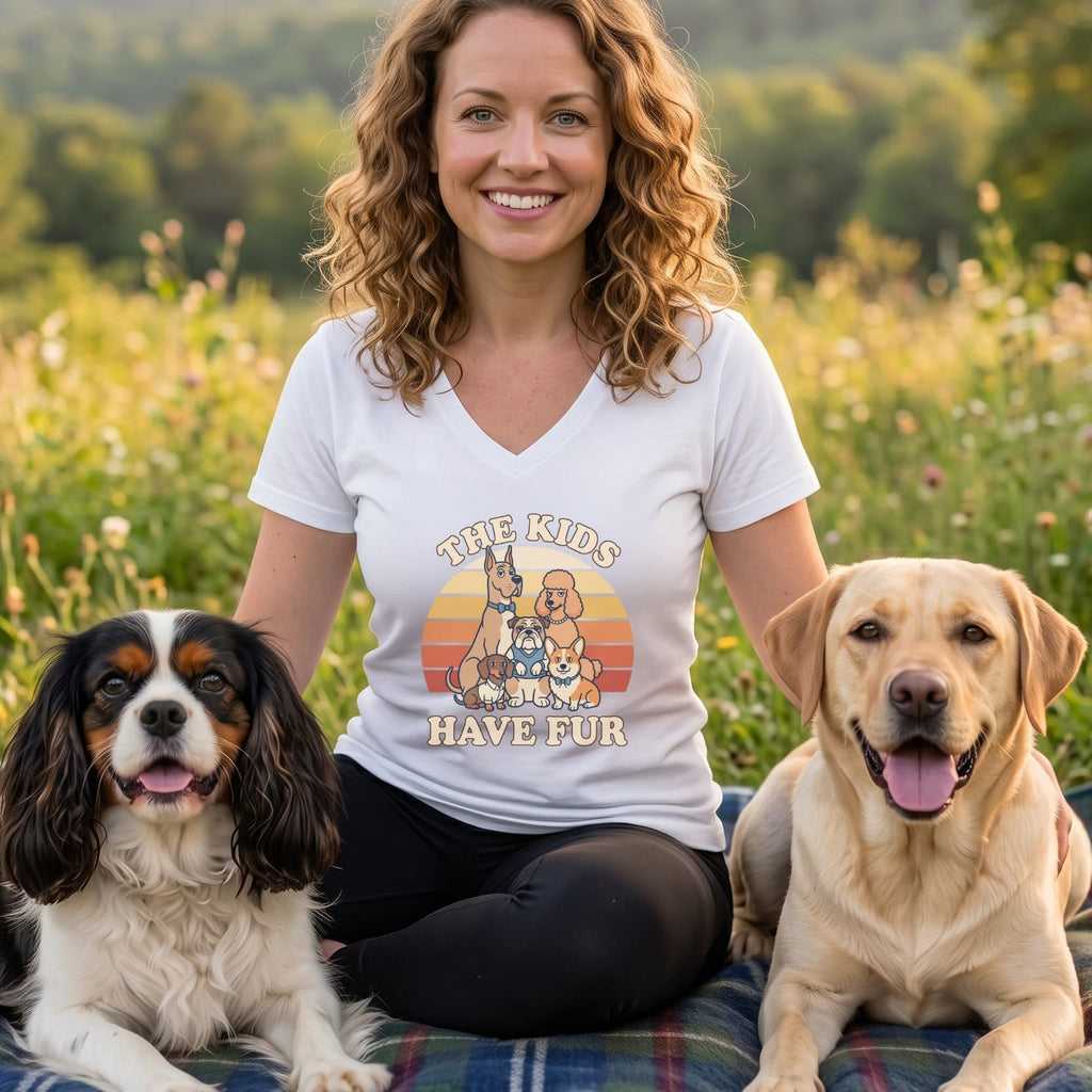 Woman in white t-shirt with "The Kids Have Fur" dog graphic, sitting with two dogs.