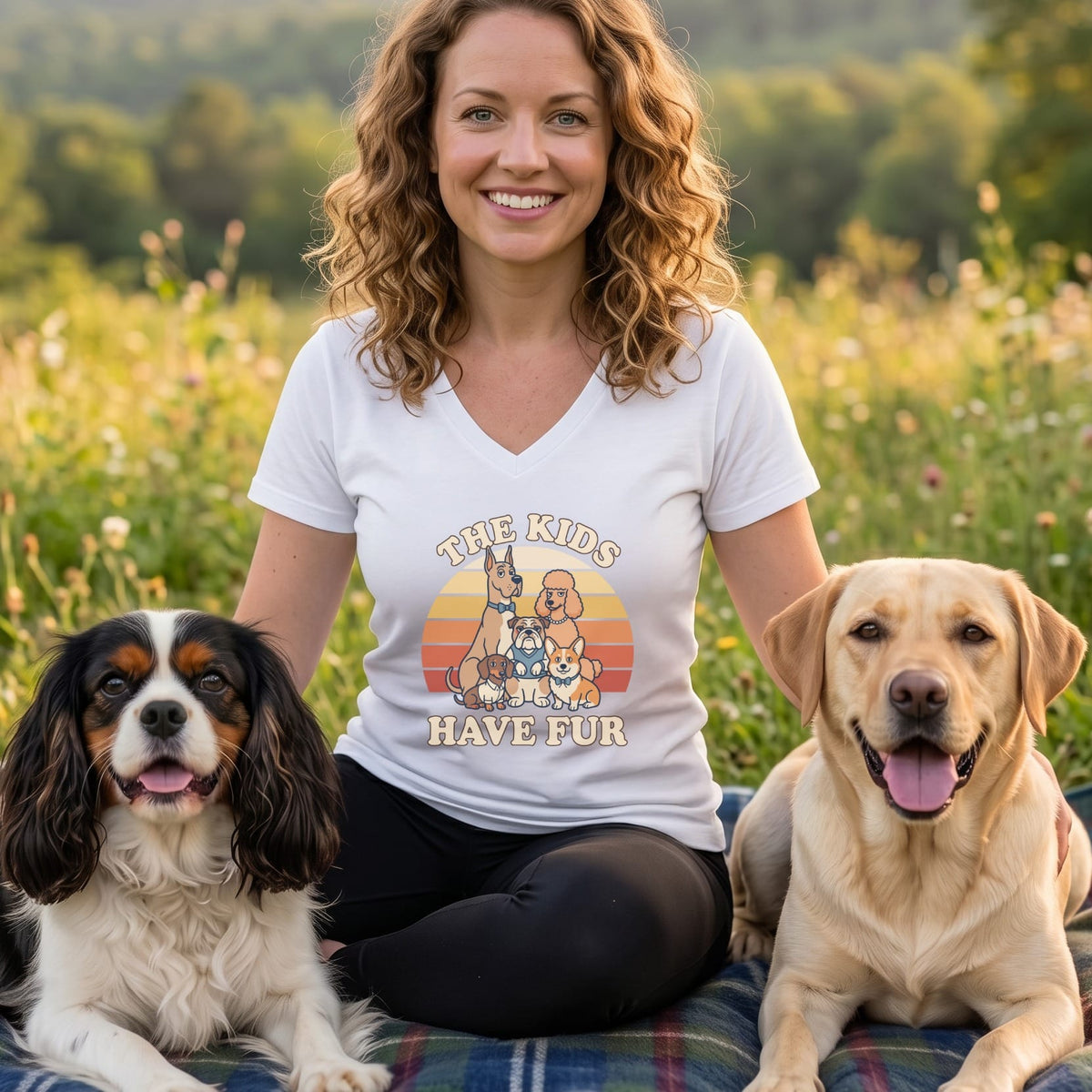 Woman in white t-shirt with "The Kids Have Fur" dog graphic, sitting with two dogs.