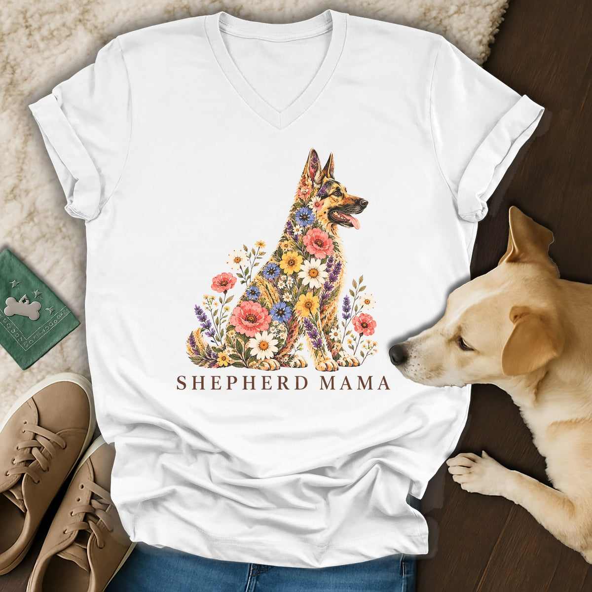 White v-neck t-shirt featuring a German Shepherd graphic made of colorful flowers with the text SHEPHERD MAMA.