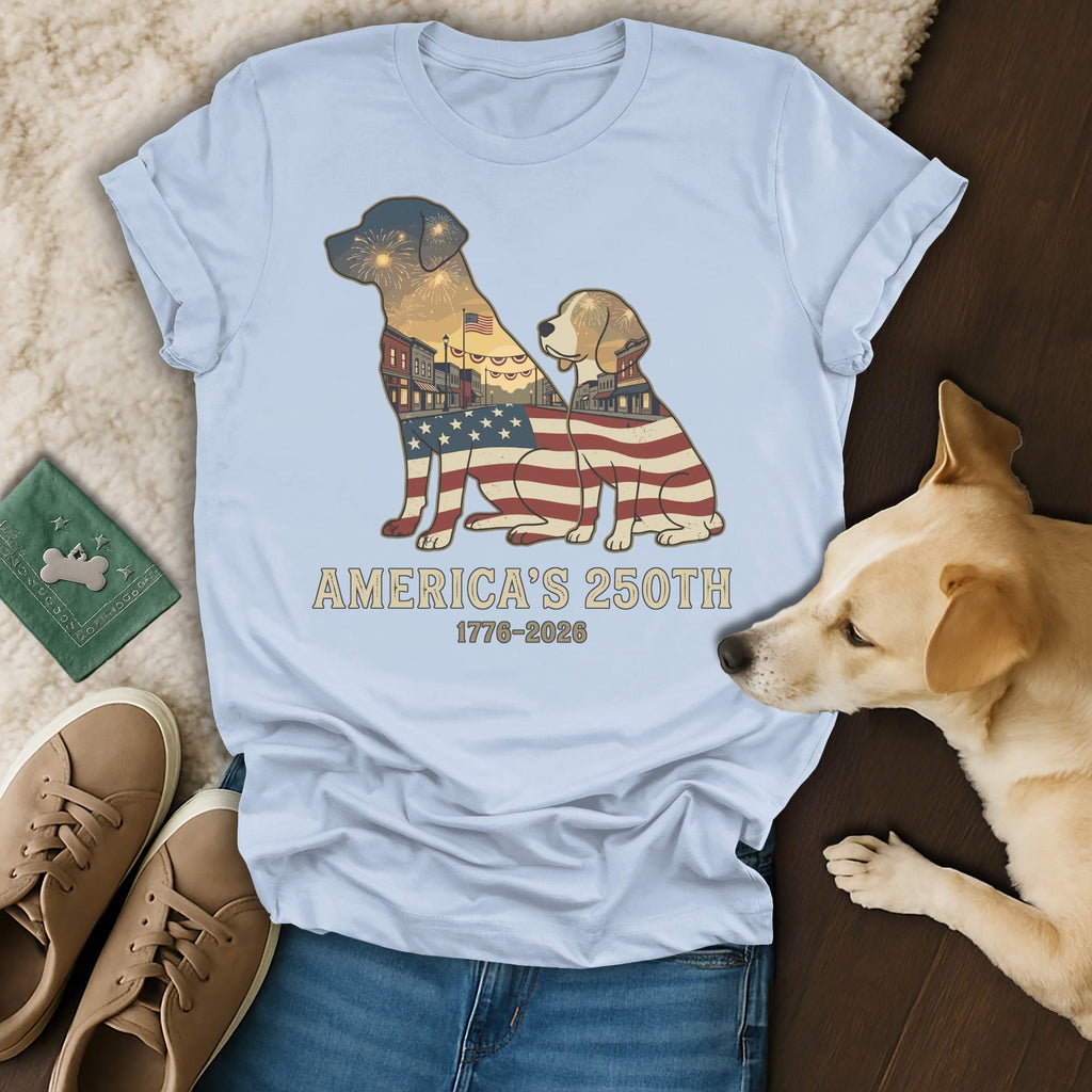 Two dogs with American flag fill, celebrating America's 250th anniversary.