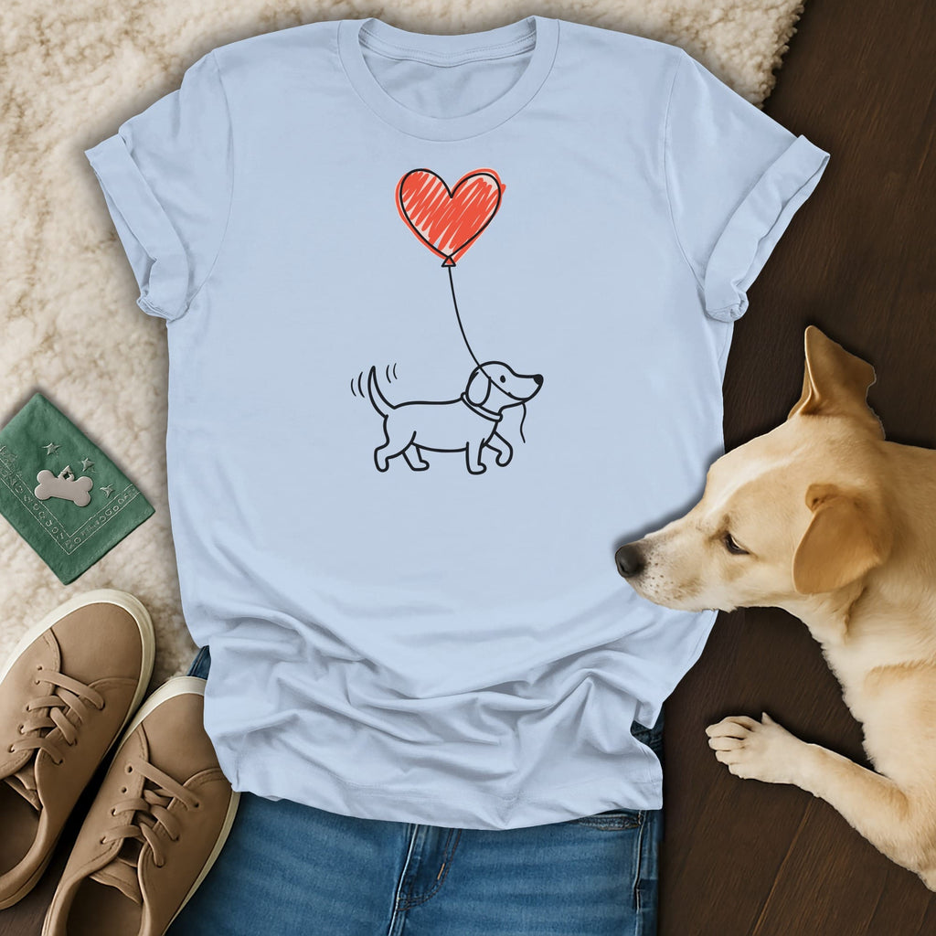 Light blue t-shirt with a black and red heart balloon dog graphic.