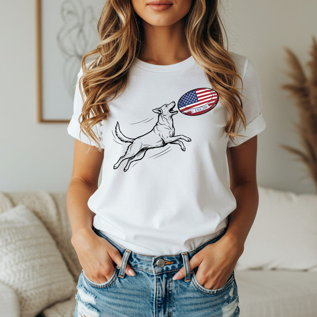 White t-shirt with a sketch of a dog jumping for a football.