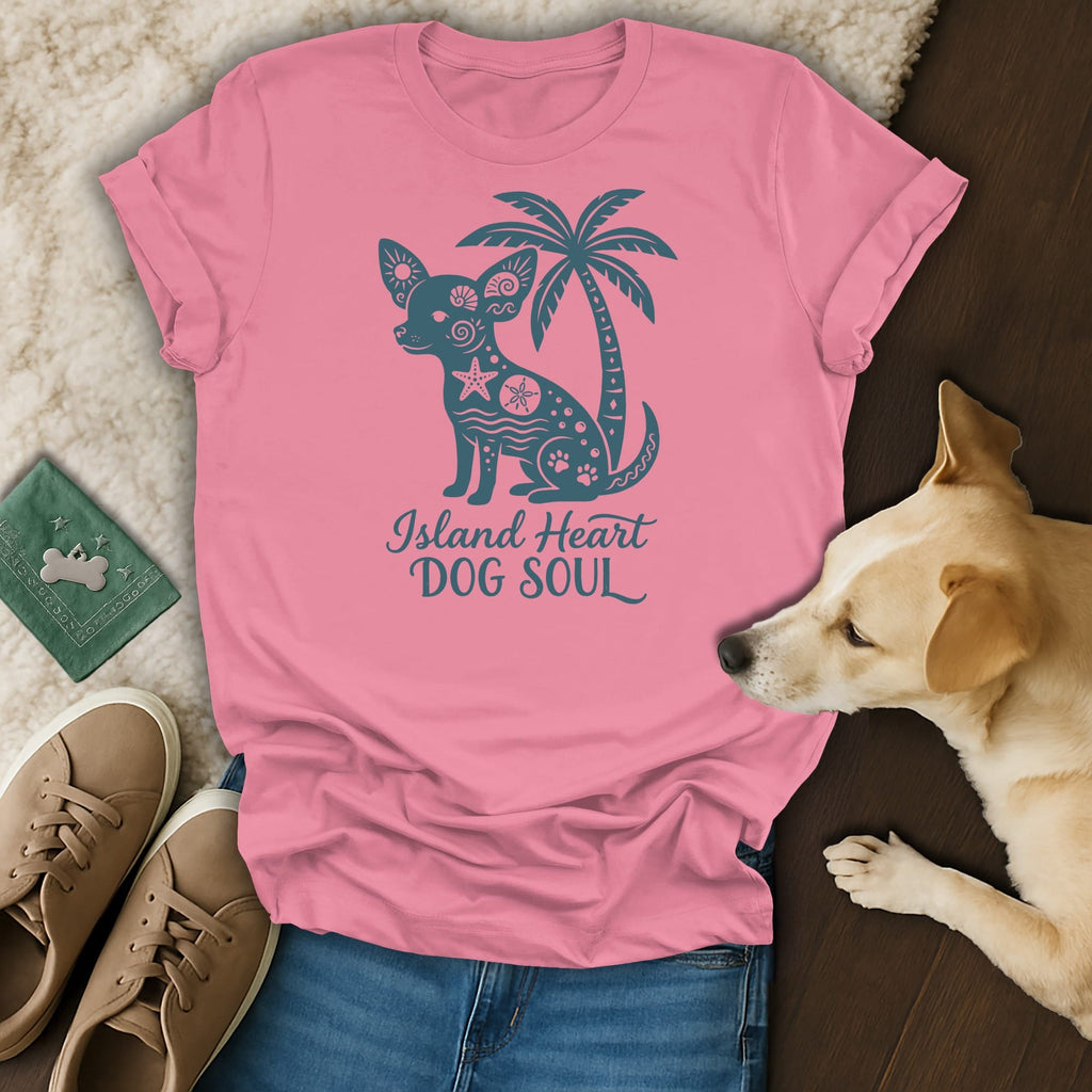 Pink t-shirt with teal dog graphic and text "Island Heart DOG SOUL".