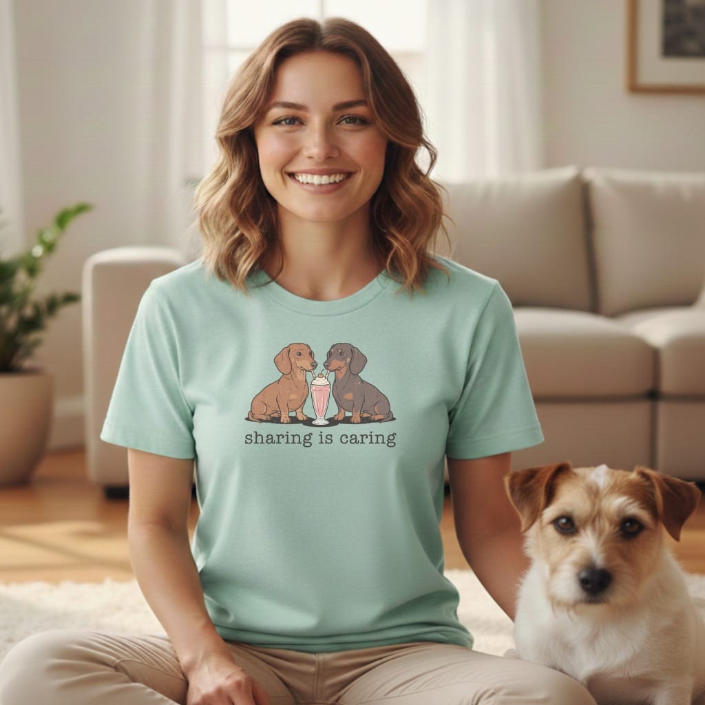 Mint t-shirt with graphic of two dachshunds sharing a milkshake and text "sharing is caring".