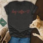 Charcoal t-shirt with red text "dog + coffee = ❤️" next to a dog.
