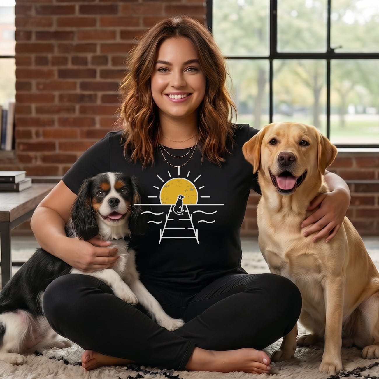 Woman in black t-shirt with sun and dog graphic, sitting with two dogs.