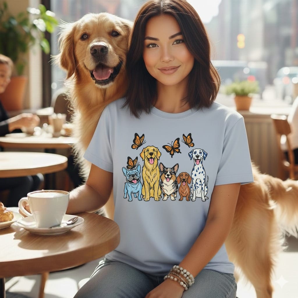Woman with dogs and butterflies graphic on light blue t-shirt.