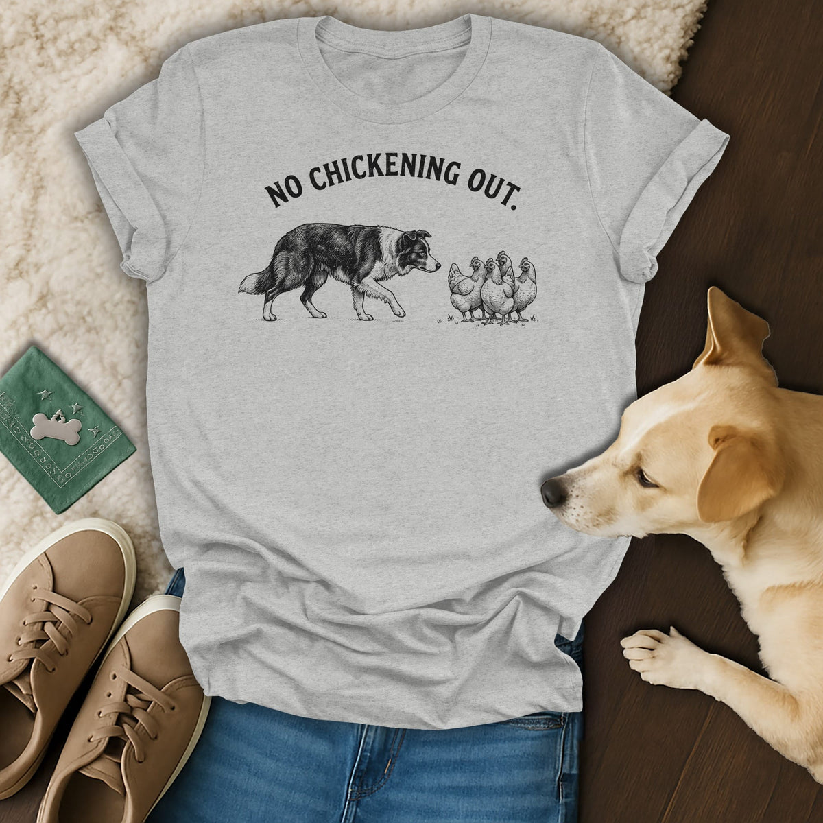 Light grey t-shirt with dog and chickens graphic and text "NO CHICKENING OUT."
