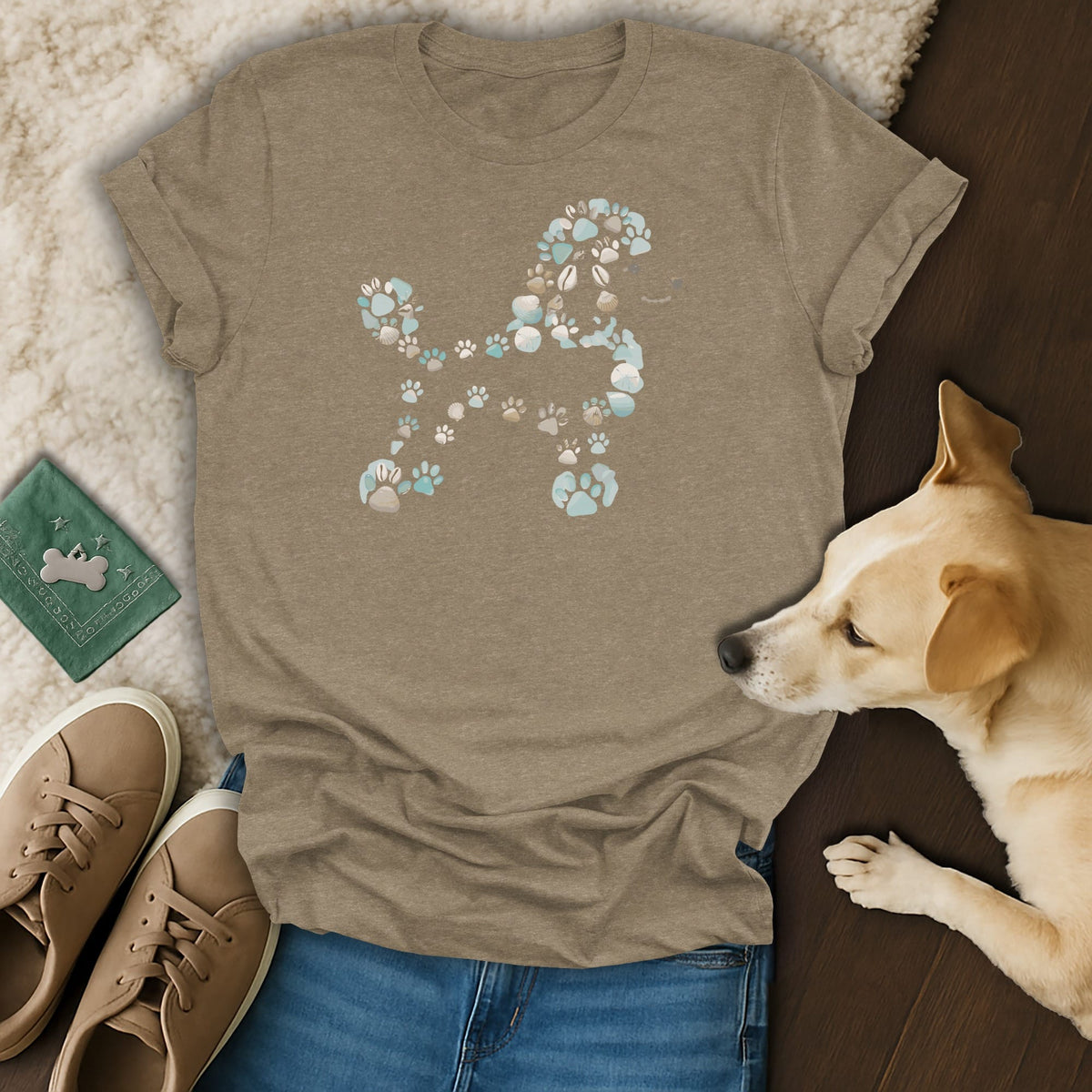 Brown t-shirt with a poodle design made of paw prints, shells, and sea stars.