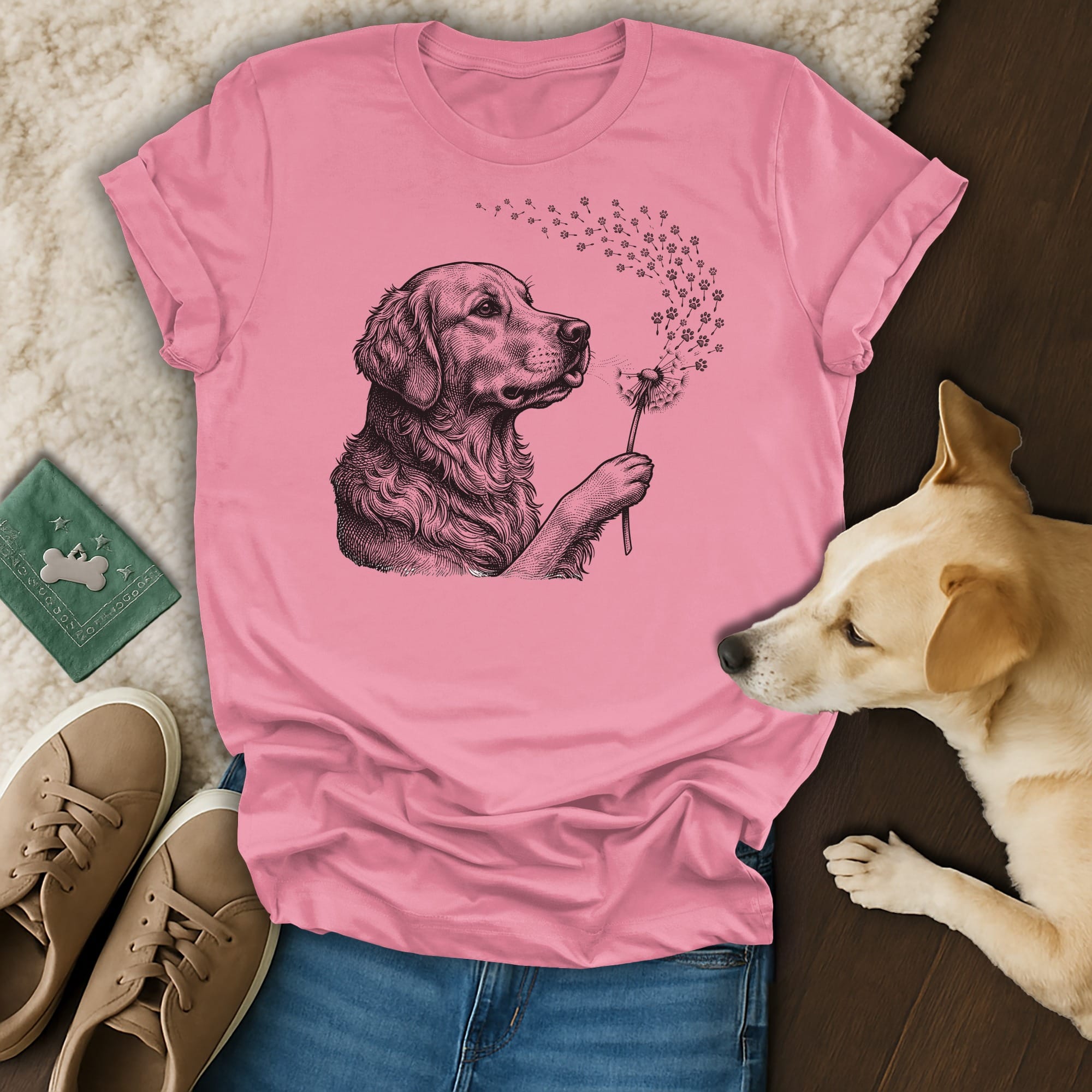 Golden retriever blowing dandelion seeds, printed on a pink t-shirt.