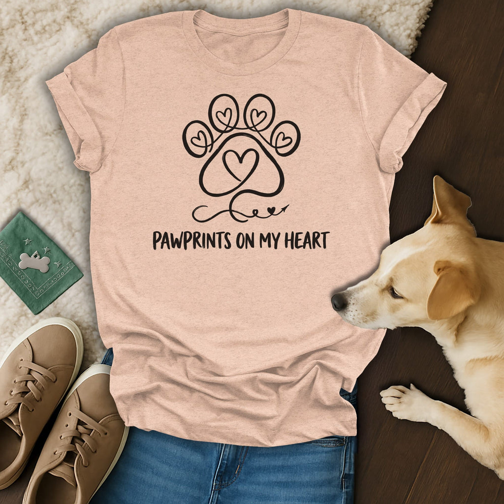 Peach t-shirt with black paw print heart logo and "Pawprints on My Heart" text.