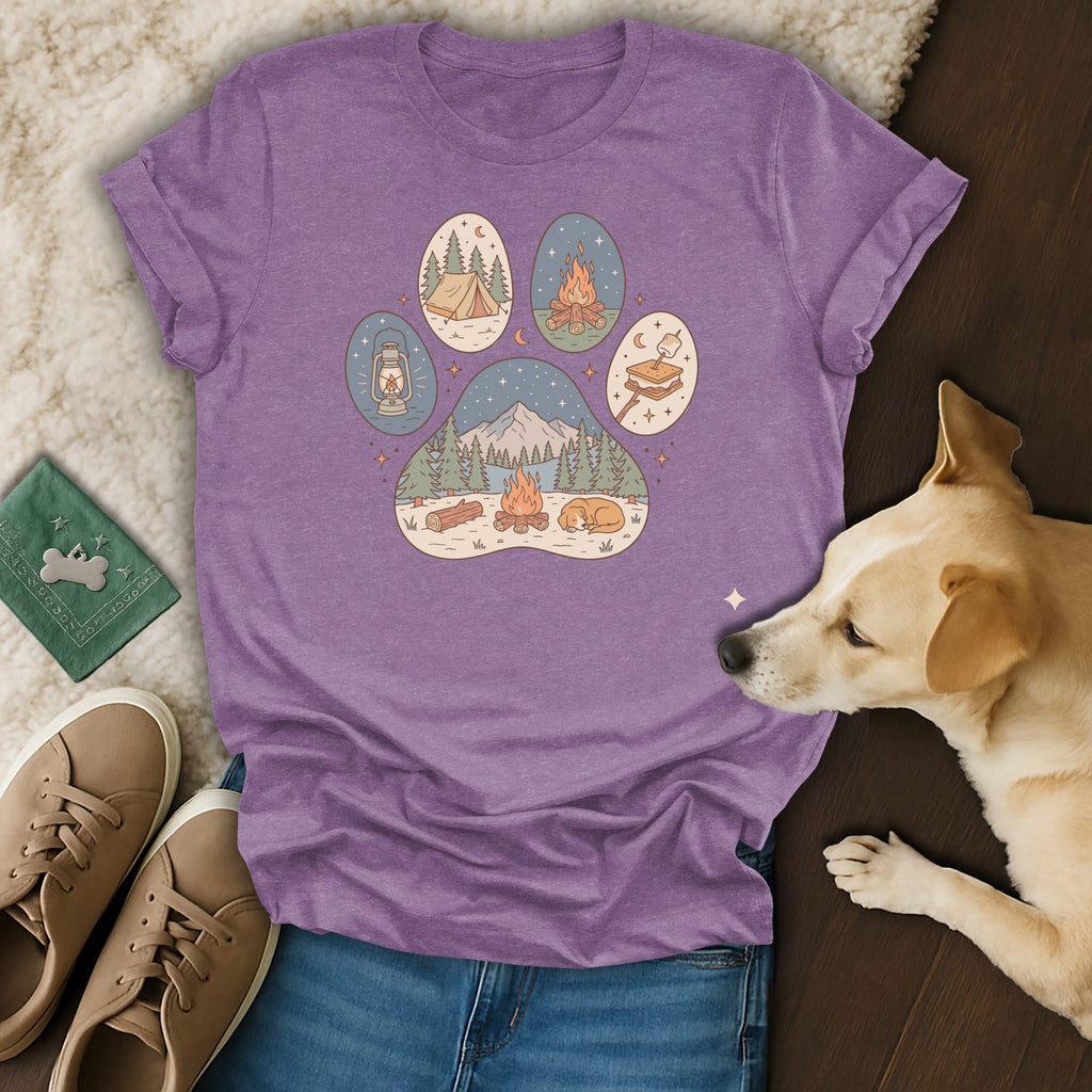 Paw print graphic with camping scenes, a dog, and apparel.
