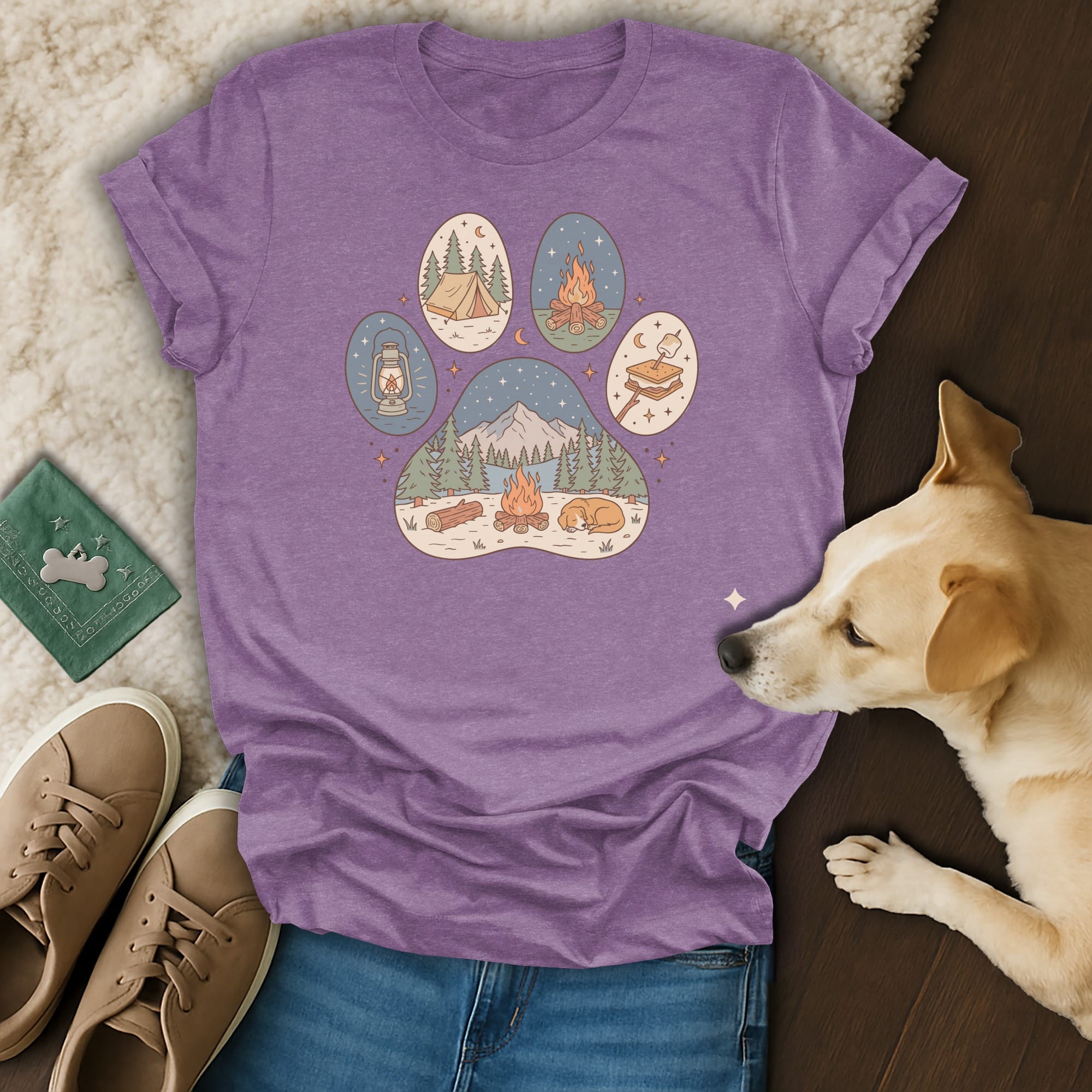 Paw print graphic with camping scenes, a dog, and apparel.