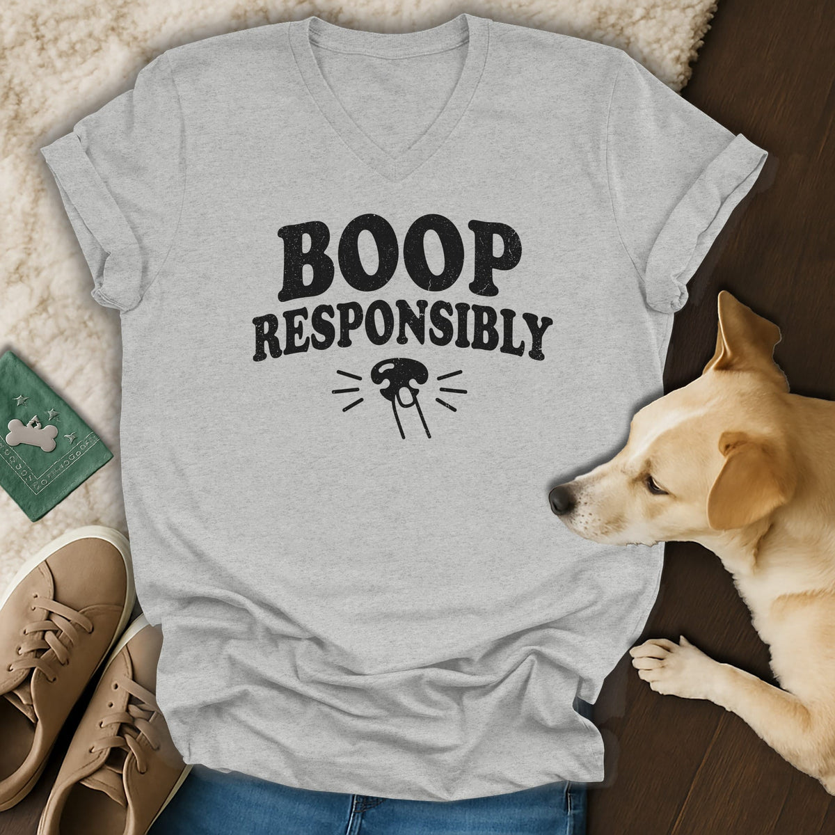 Grey t-shirt with "BOOP RESPONSIBLY" text and a dog nose graphic.