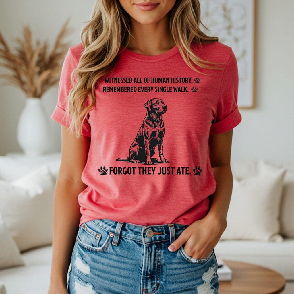 Red t-shirt with dog silhouette and text about remembering walks.