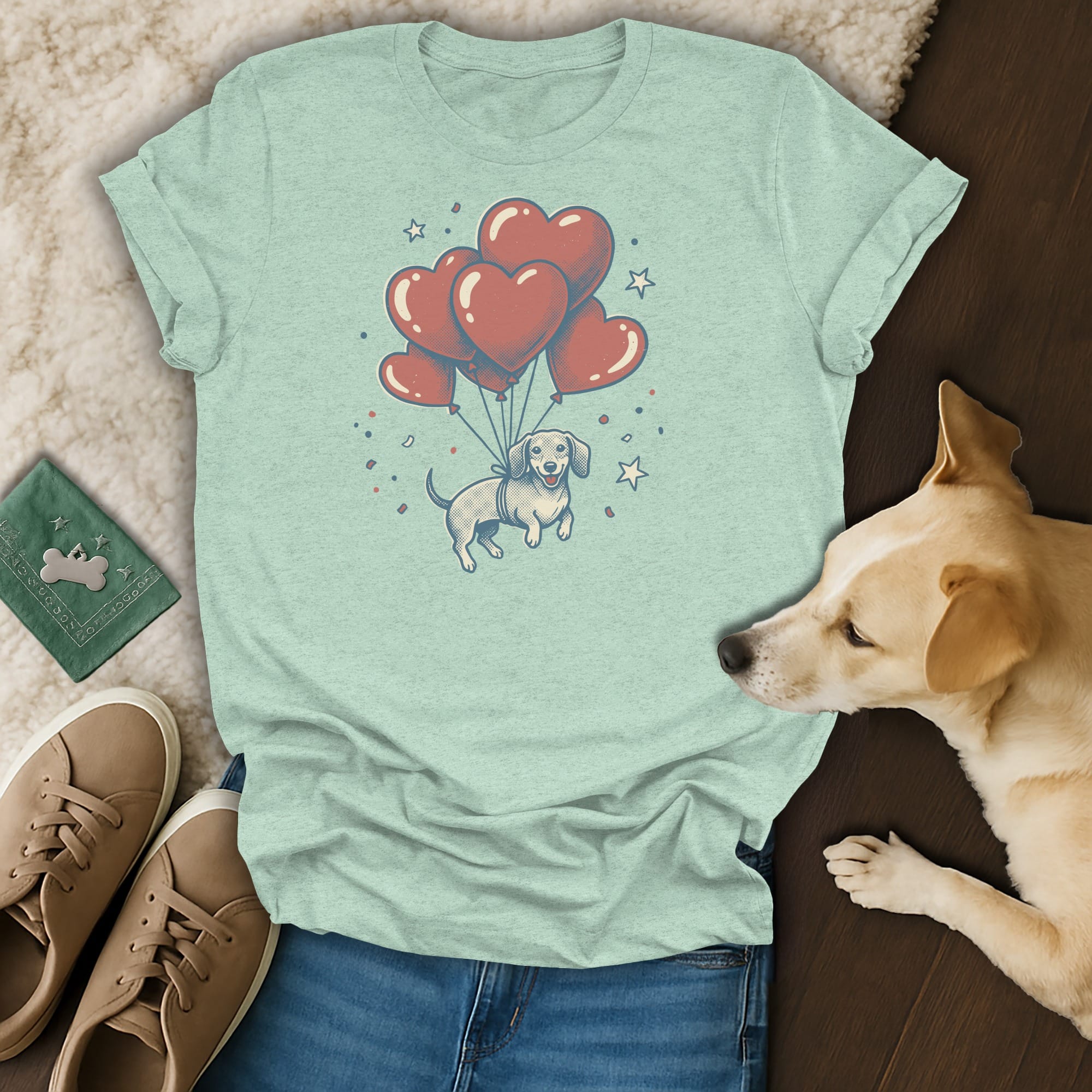 Light green t-shirt with cartoon dachshund floating with heart balloons.