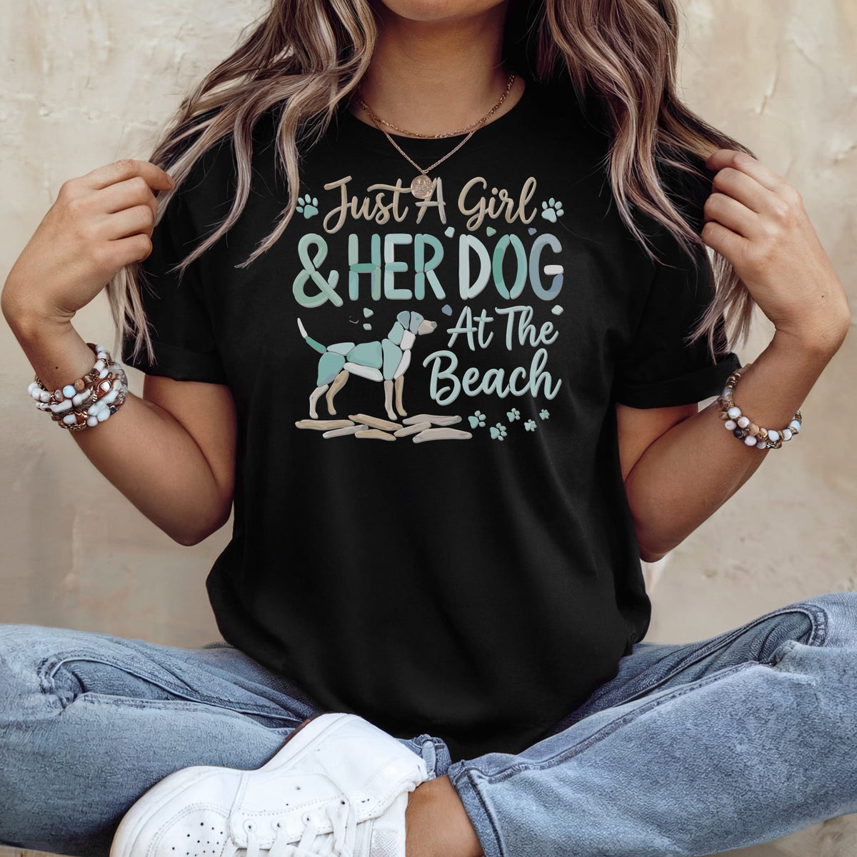Black t-shirt with text "Just A Girl & Her Dog At The Beach".