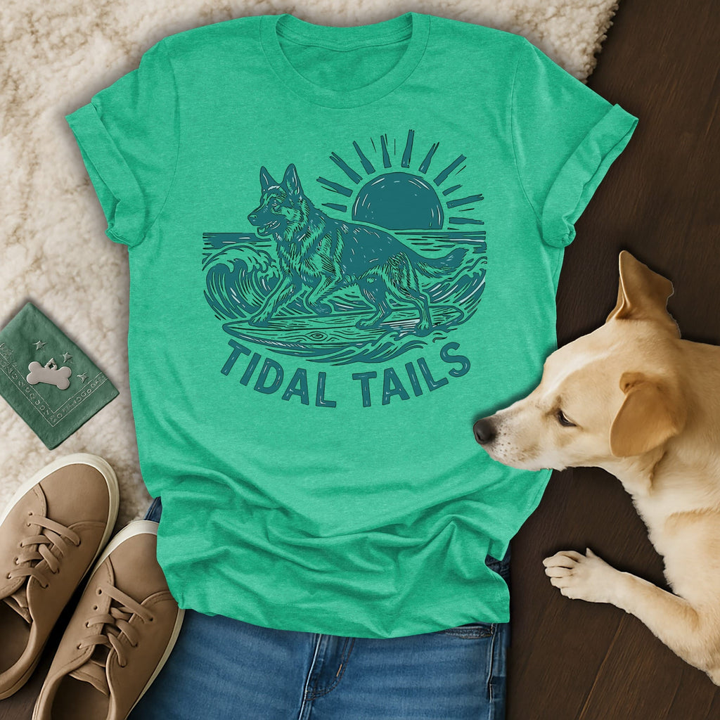Green t-shirt with a German Shepherd surfing on a wave, text "TIDAL TAILS".