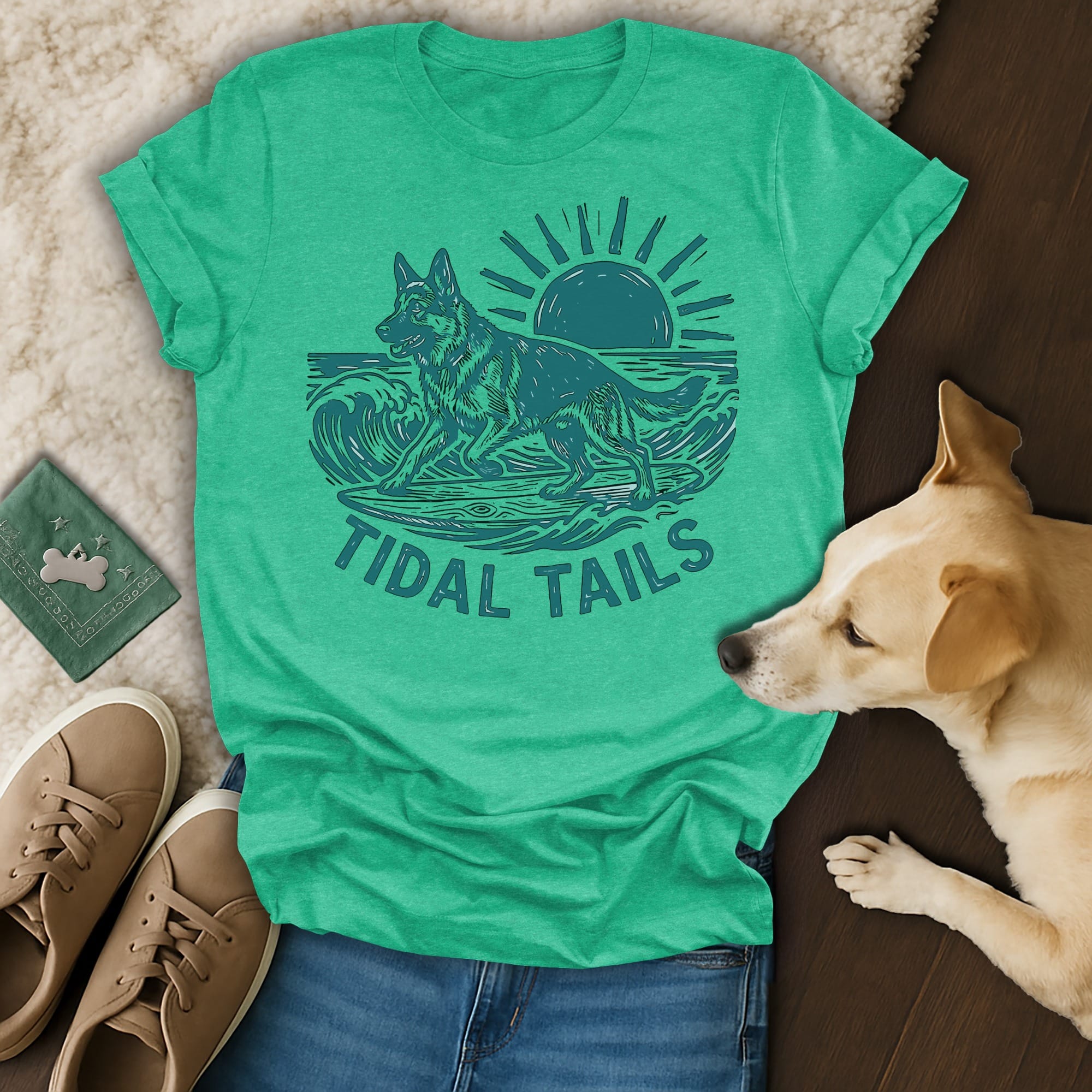Green t-shirt with a German Shepherd surfing on a wave, text "TIDAL TAILS".