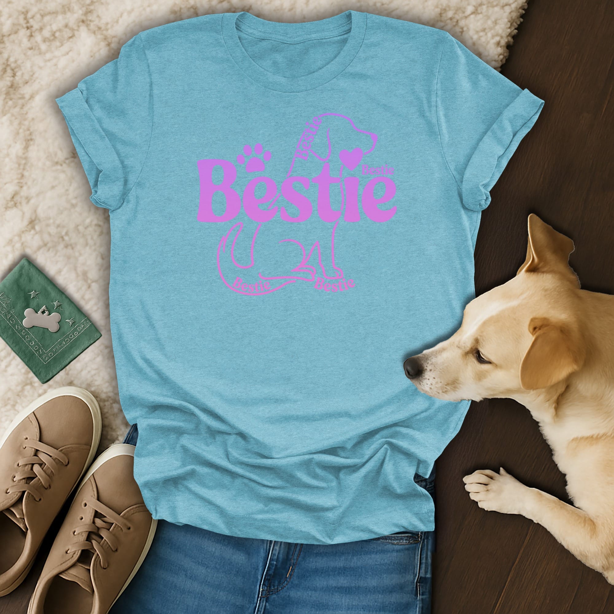 Light blue t-shirt with pink dog silhouette and "Bestie" text.