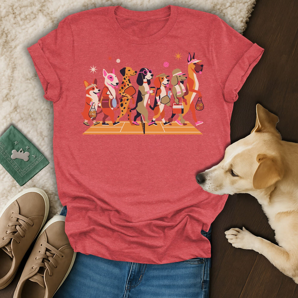 Red t-shirt featuring cartoon dogs in sunglasses walking in a line carrying bags.