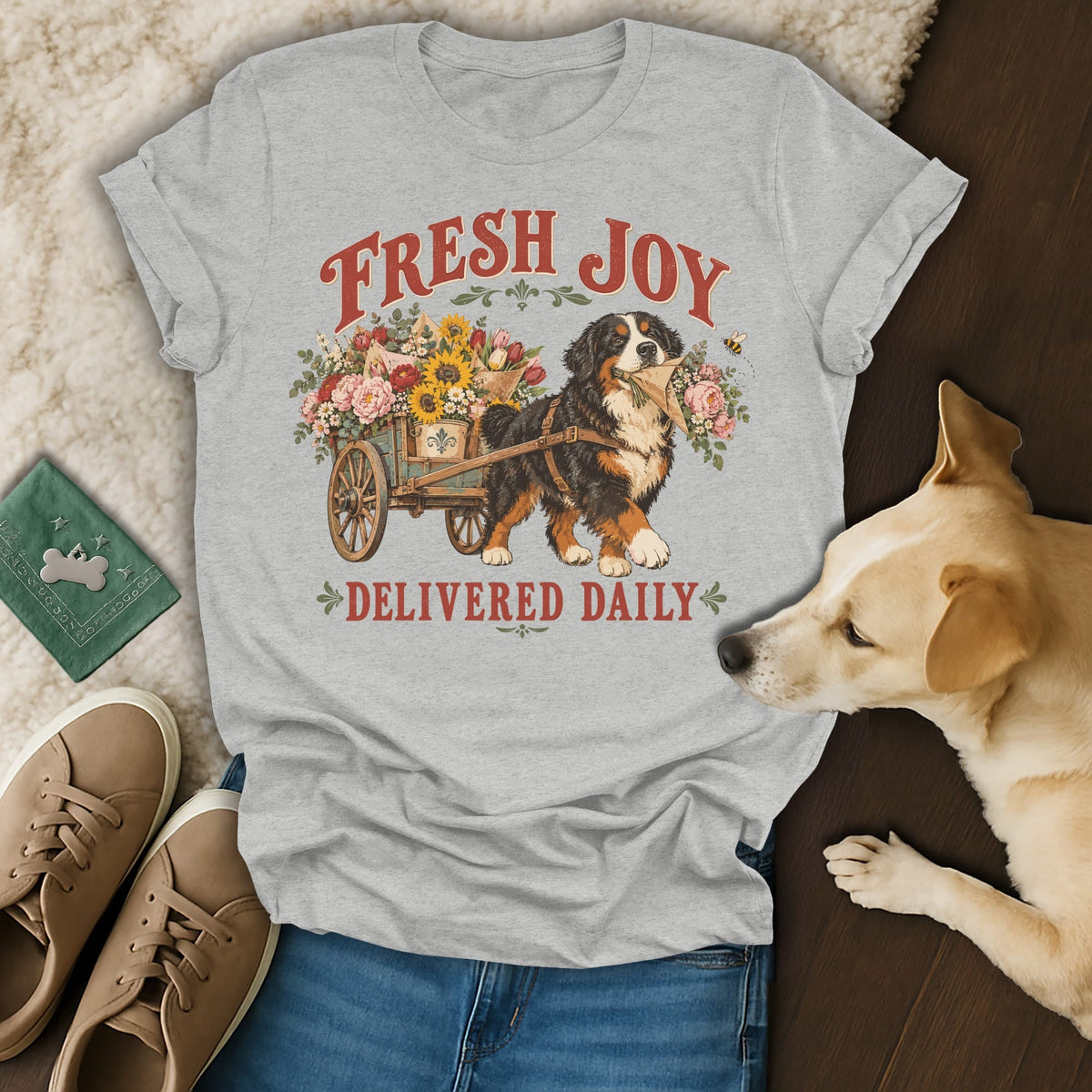 A heather gray t-shirt featuring a Bernese Mountain Dog pulling a flower-filled cart with the text Fresh Joy Delivered Daily.