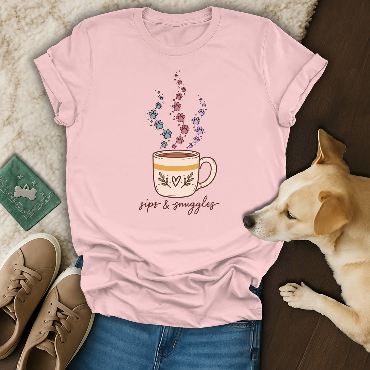 A light pink t-shirt with a graphic of a coffee mug and the text sips and snuggles.
