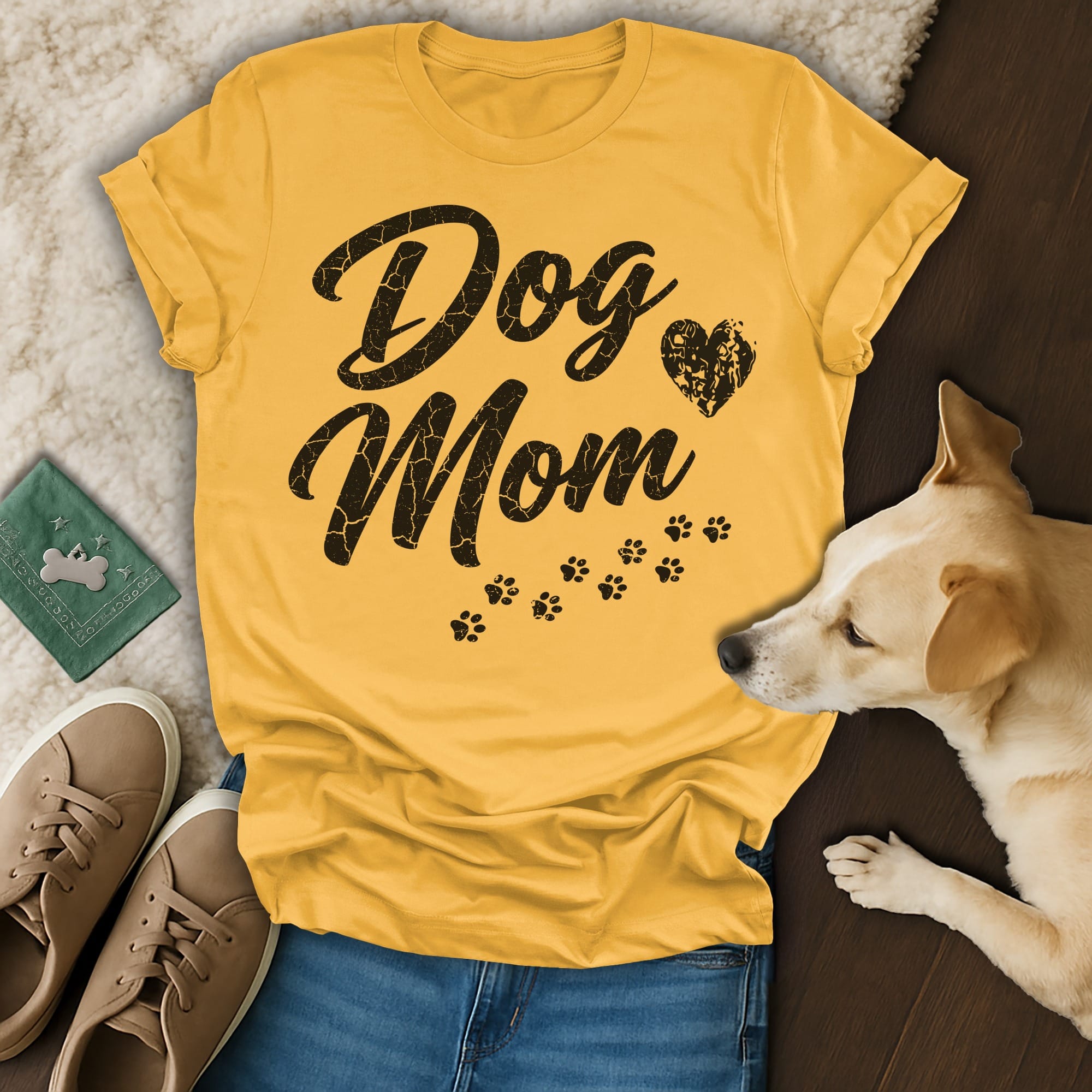 Yellow t-shirt with "Dog Mom" text and paw prints.