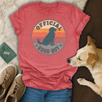 Official Good Boy graphic tee with a dog silhouette and retro sunset design.