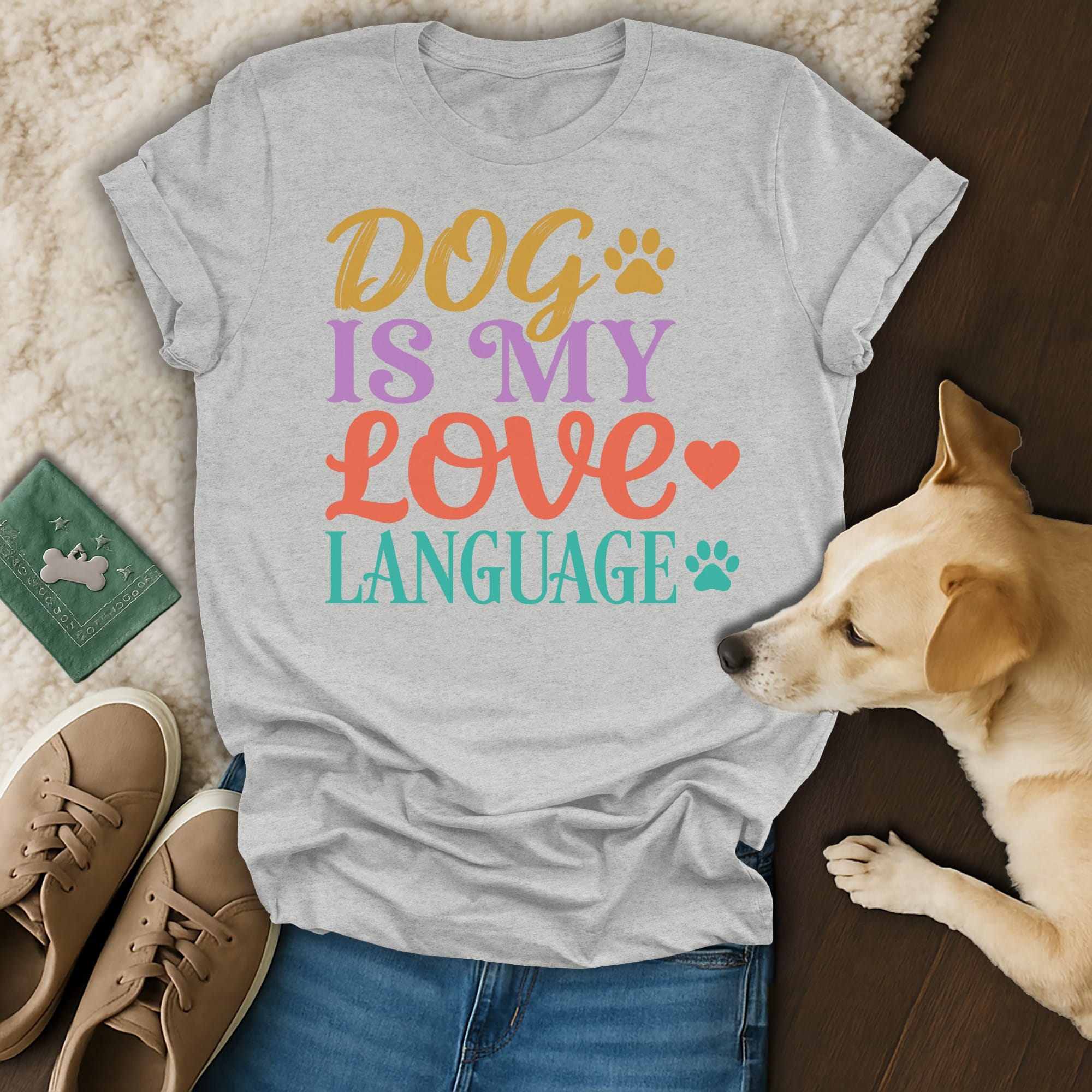 Grey t-shirt with "DOG IS MY LOVE LANGUAGE" text and paw print.