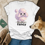 White t-shirt with pink poodle illustration and "fancy" text.