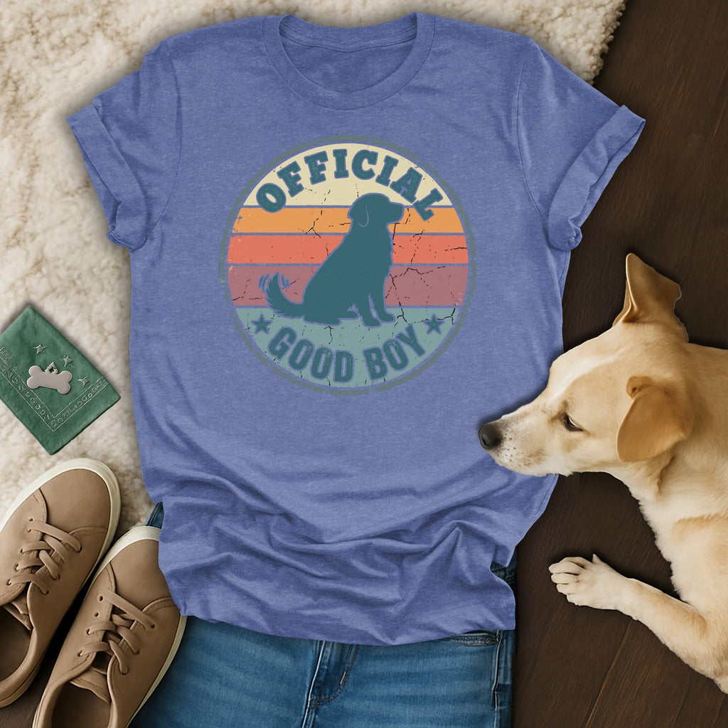 Distressed circle logo with "OFFICIAL GOOD BOY" text on a blue t-shirt.
