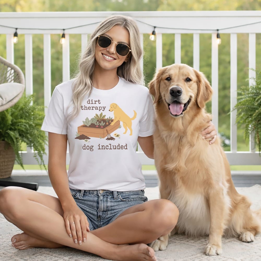 White t-shirt with "dirt therapy dog included" and dog gardening graphic.