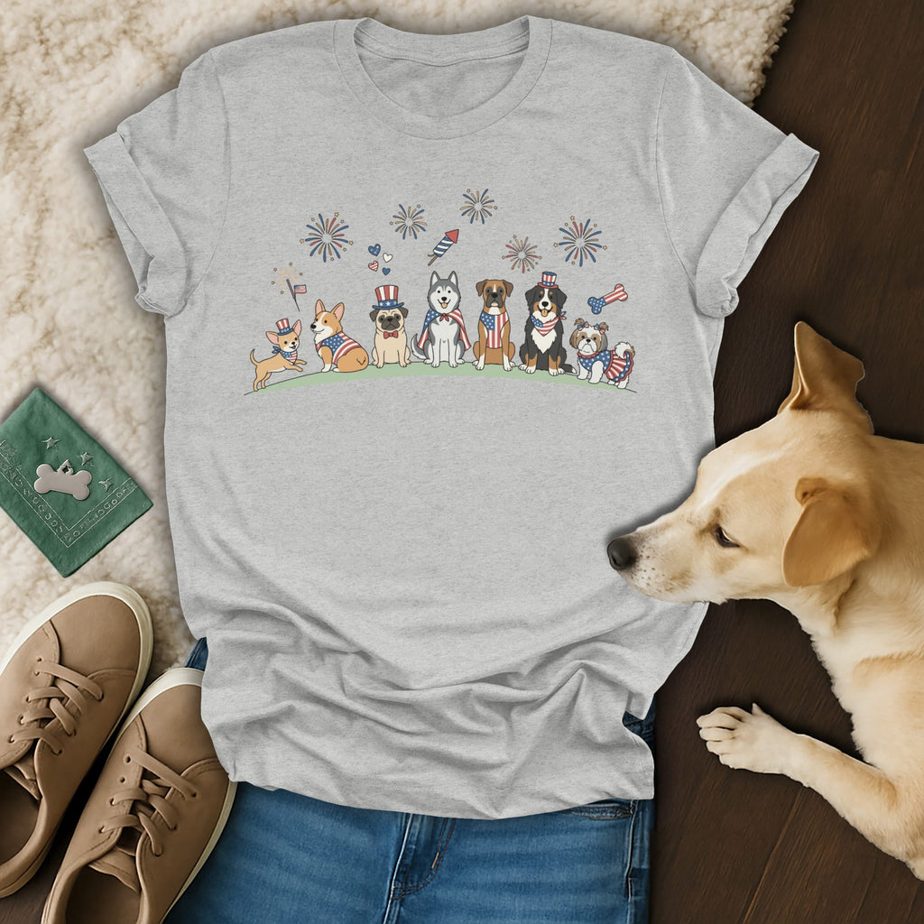 Cartoon dogs in patriotic attire with fireworks above, on a gray t-shirt.
