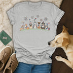 Cartoon dogs in patriotic attire with fireworks above, on a gray t-shirt.