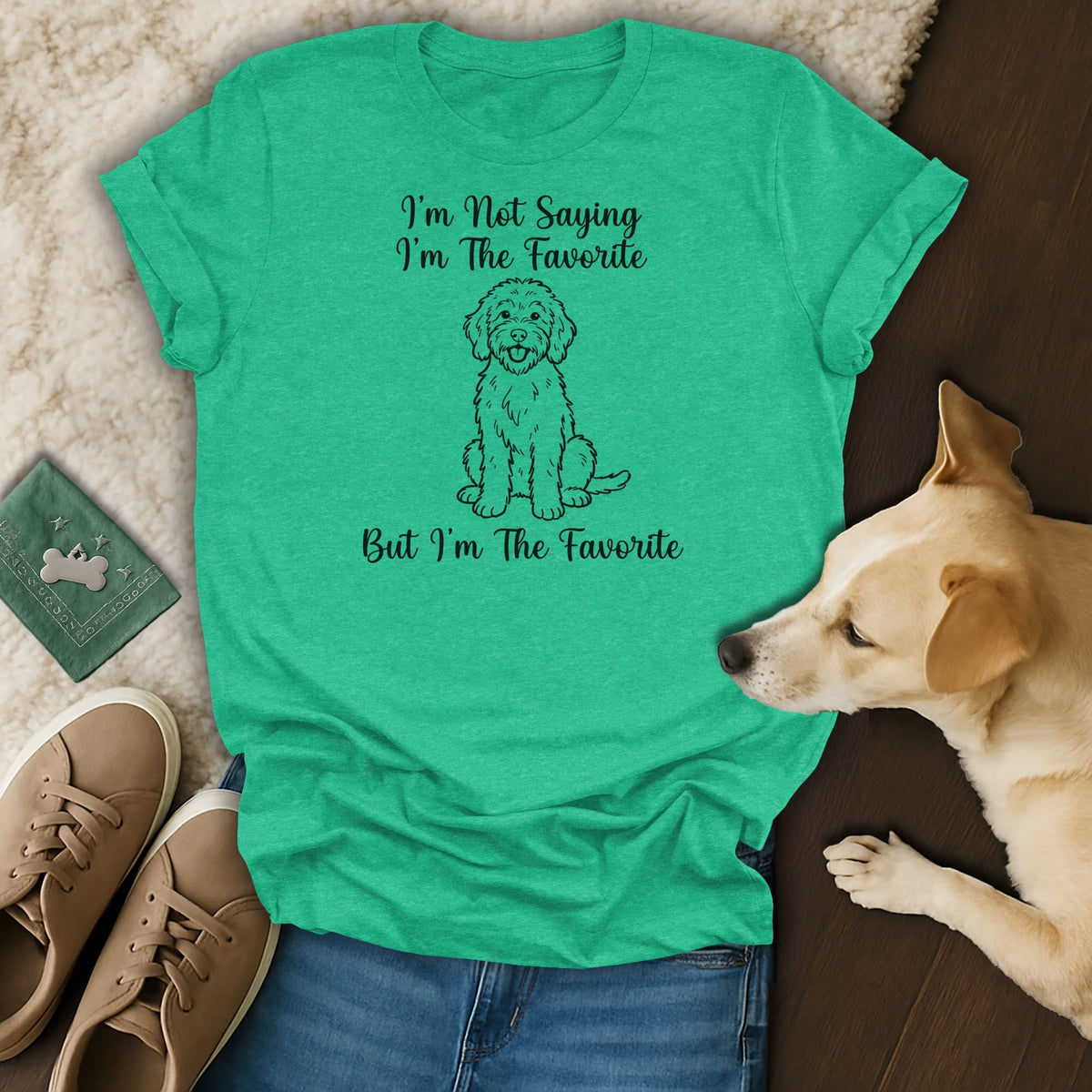 Green t-shirt with sketch of dog and text "I'm Not Saying I'm The Favorite But I'm The Favorite".