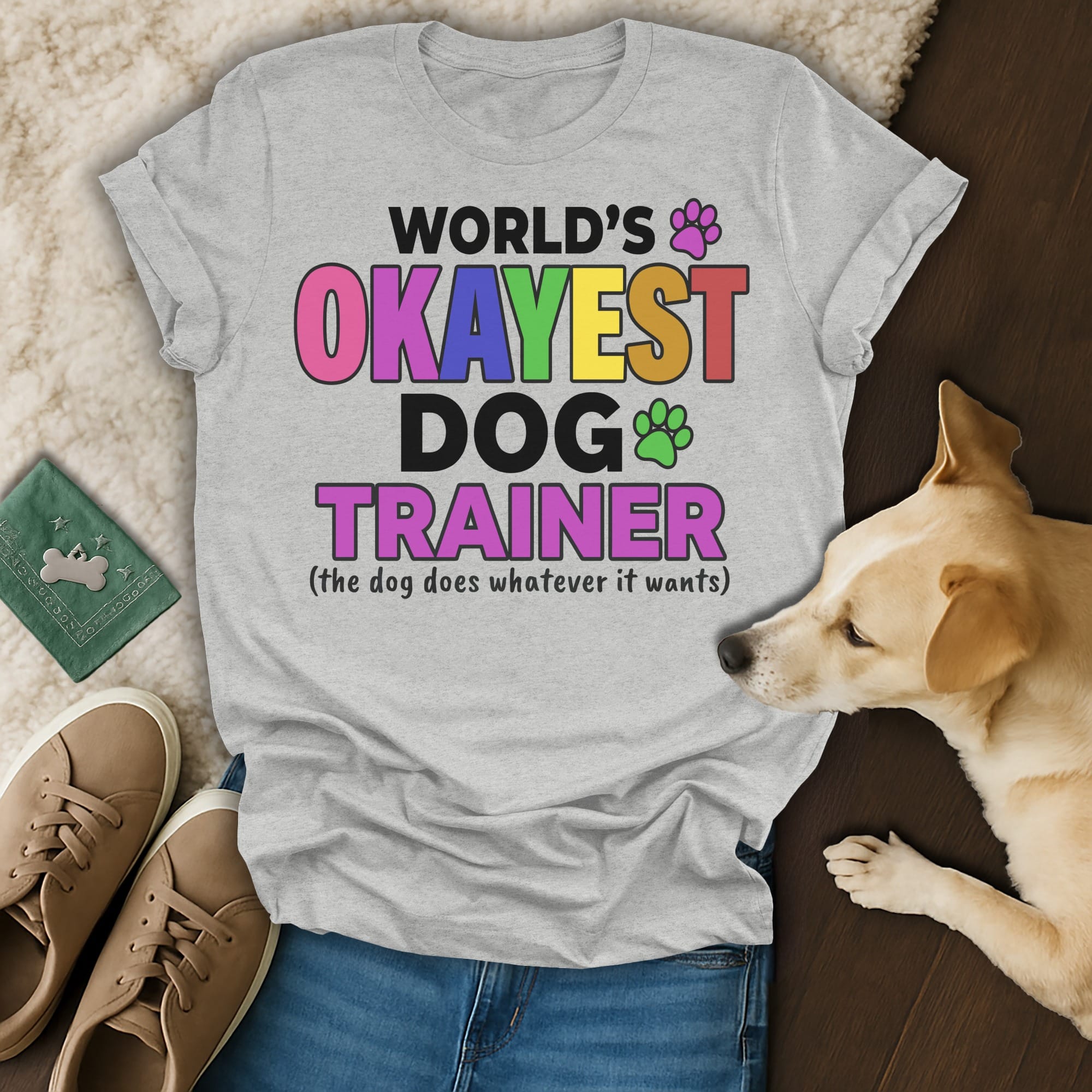 Grey t-shirt with "WORLD'S OKAYEST DOG TRAINER" text and dog paw prints.