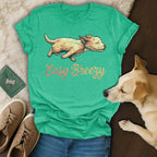 Green t-shirt with a dog graphic and "Easy Breezy" text.
