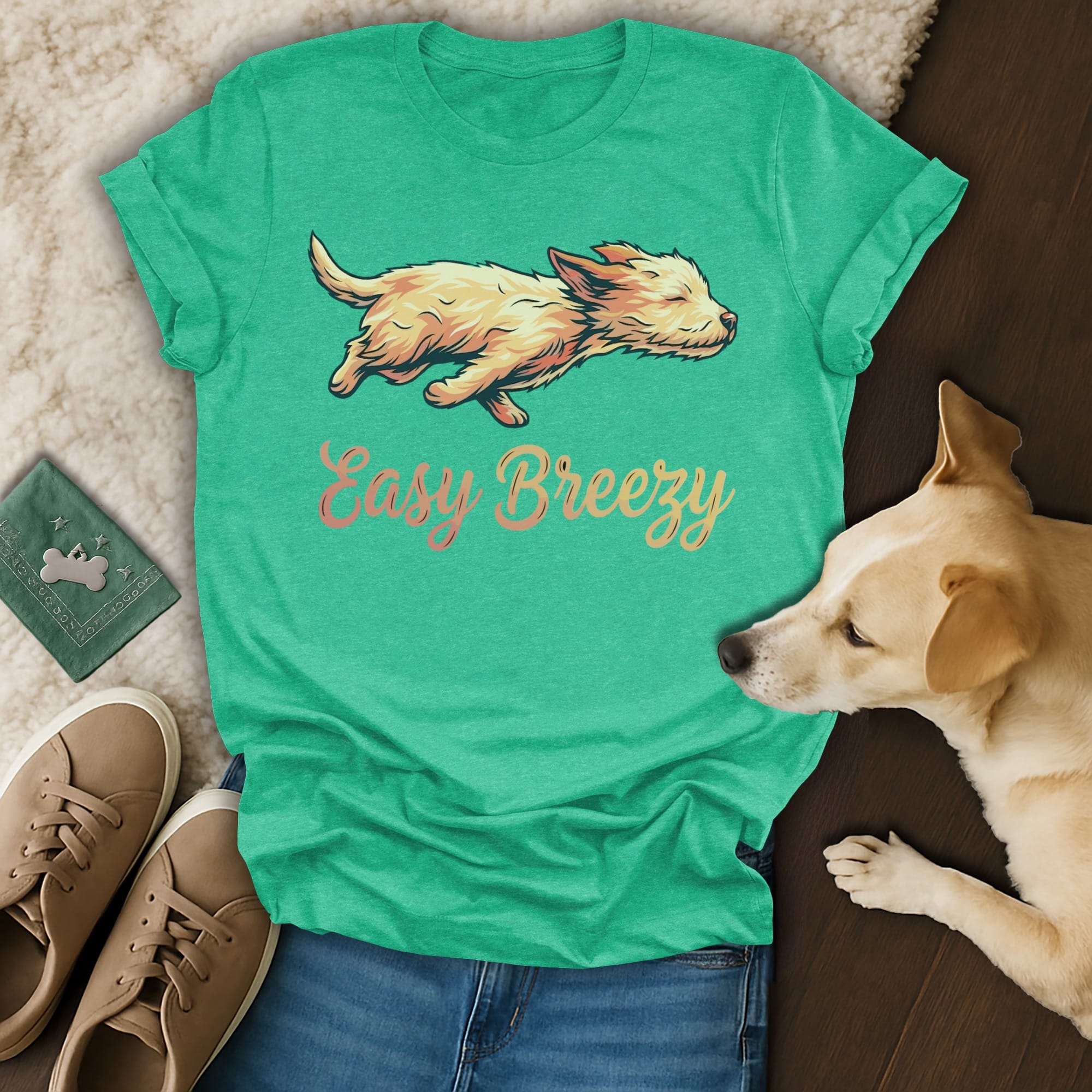 Green t-shirt with a dog graphic and "Easy Breezy" text.