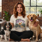 A smiling woman wearing a graphic t-shirt sits cross-legged between two dogs on the floor.