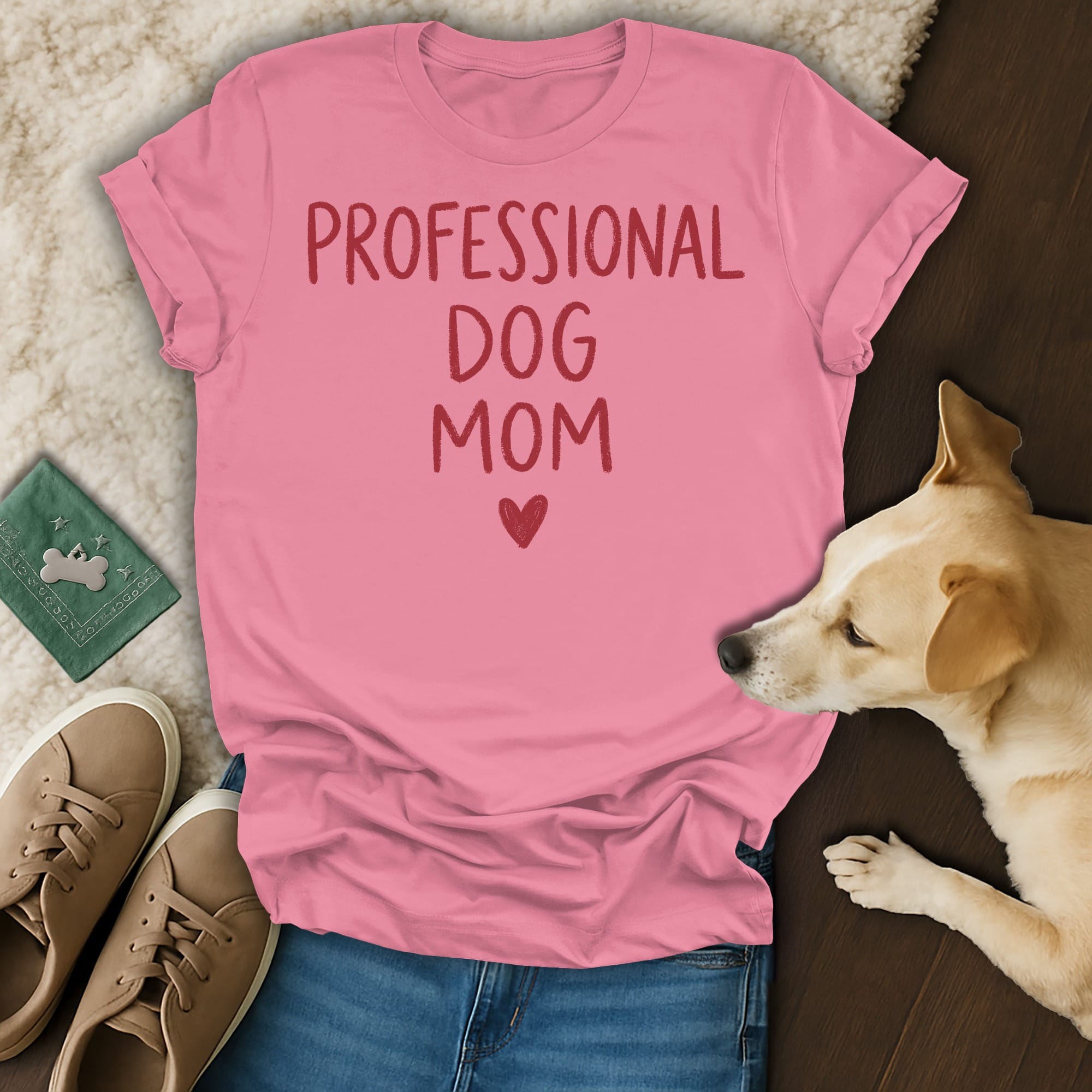 Pink t-shirt with "PROFESSIONAL DOG MOM" text and a dog.